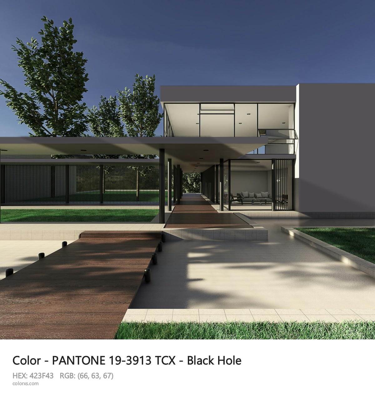 PANTONE 19-3913 TCX - Black Hole CMS exterior design modern house with walkway