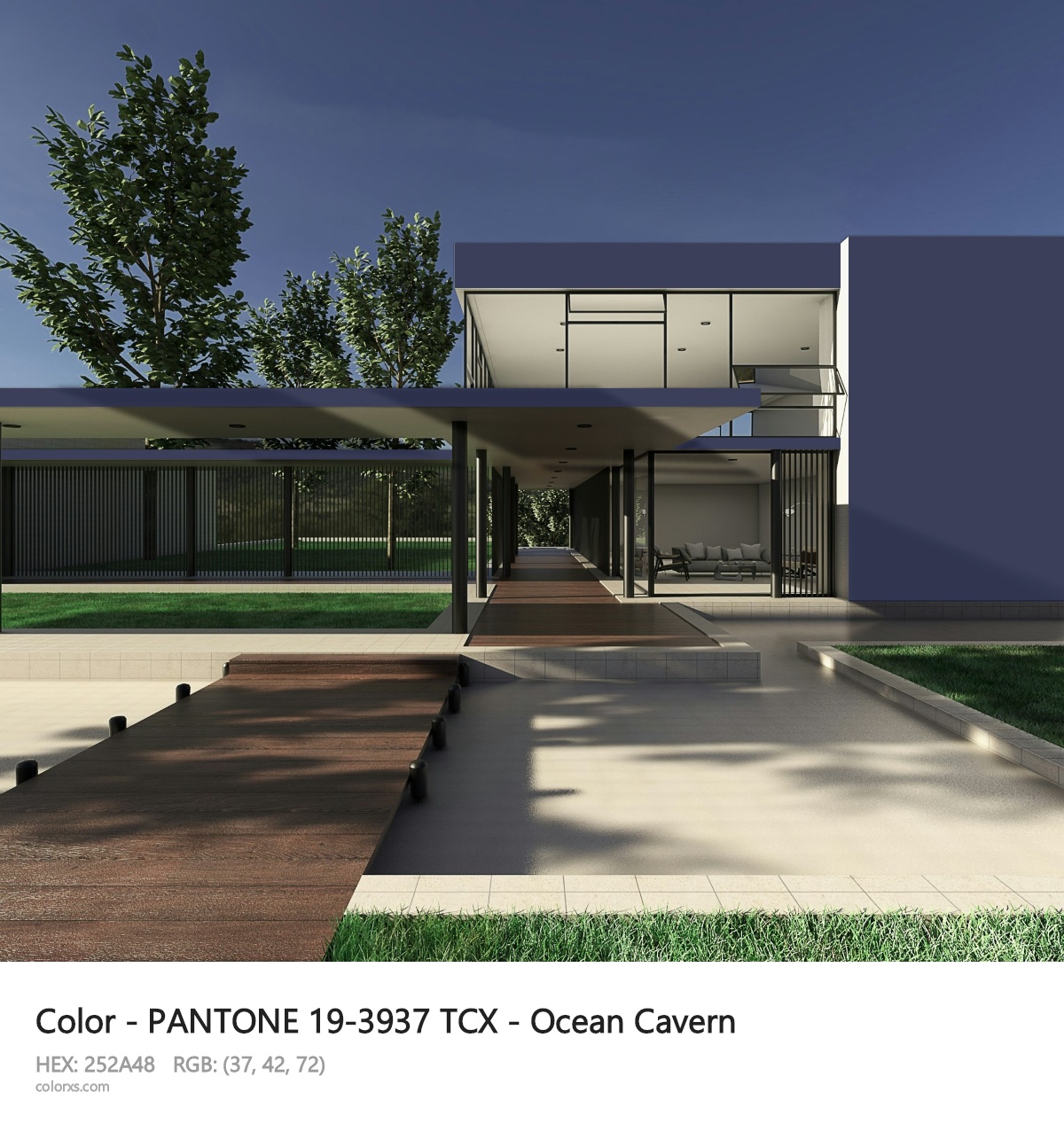 PANTONE 19-3937 TCX - Ocean Cavern CMS exterior design modern house with walkway