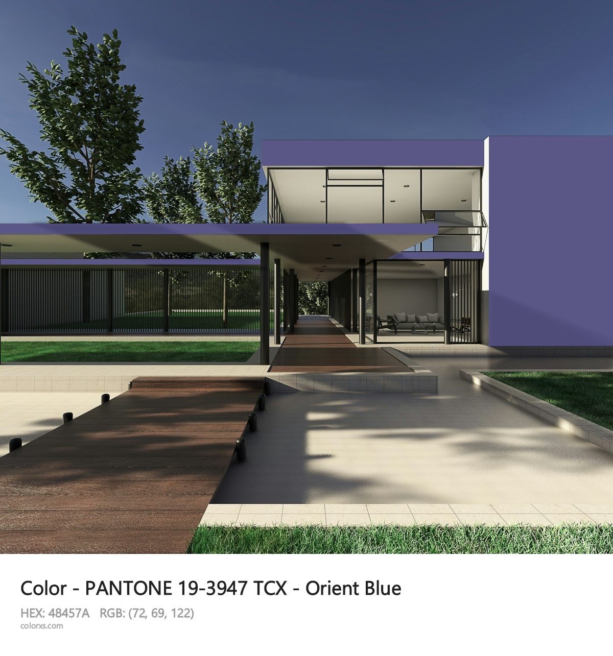 PANTONE 19-3947 TCX - Orient Blue CMS exterior design modern house with walkway
