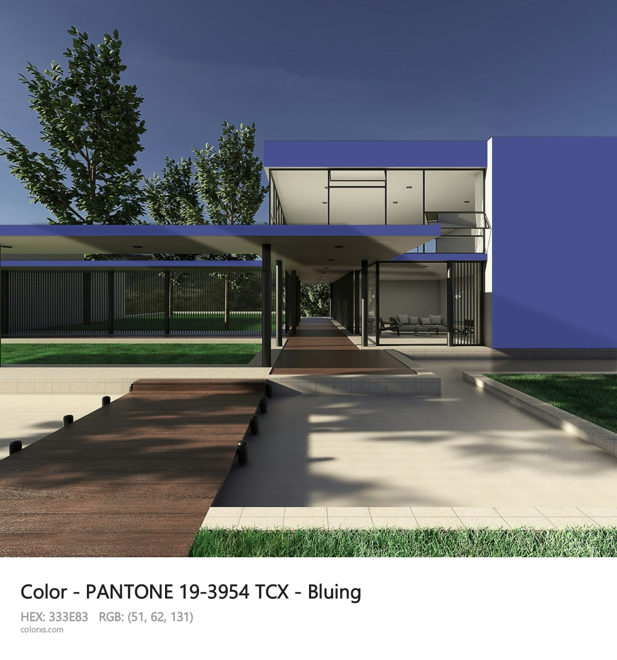 PANTONE 19-3954 TCX - Bluing CMS exterior design modern house with walkway