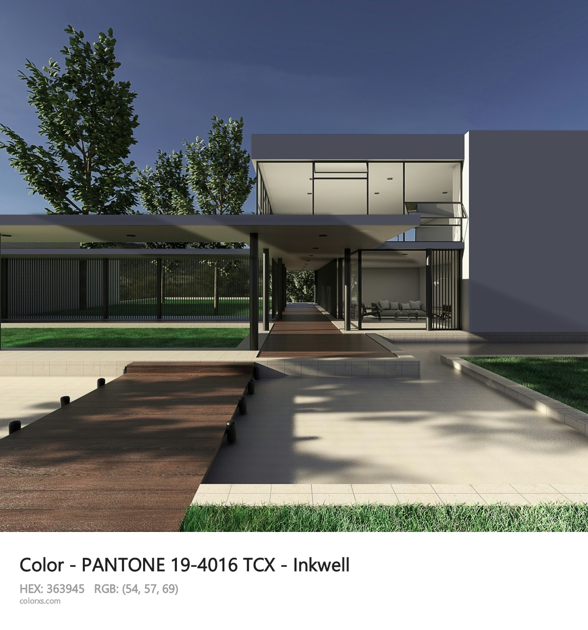 PANTONE 19-4016 TCX - Inkwell CMS exterior design modern house with walkway