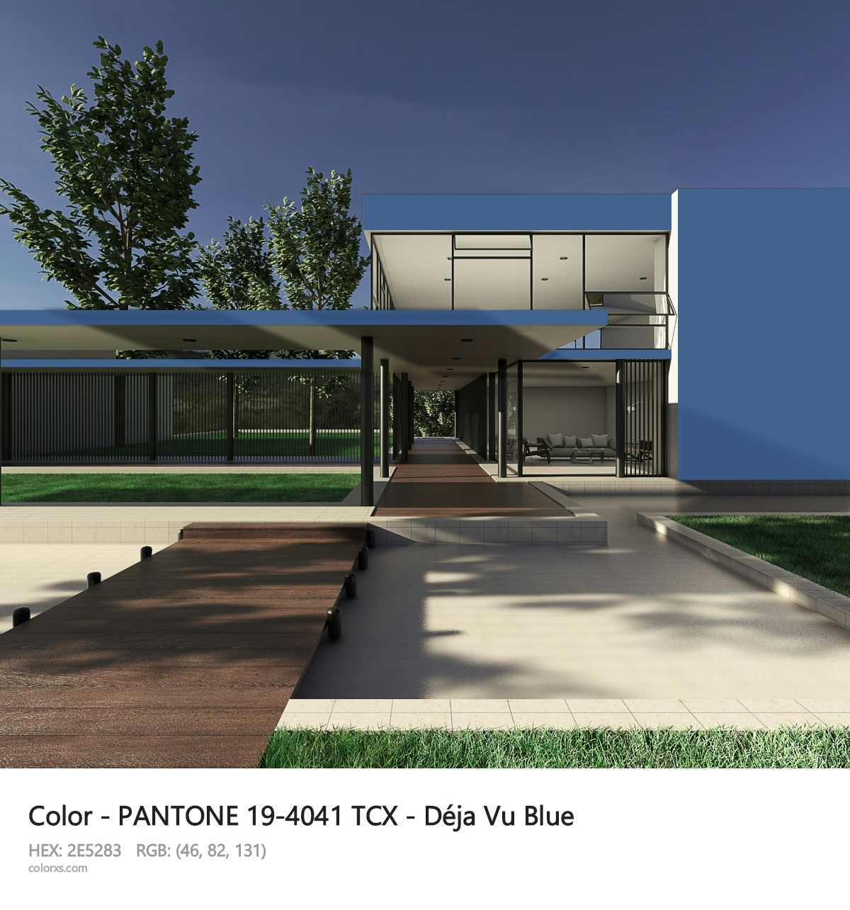 PANTONE 19-4041 TCX - Déja Vu Blue CMS exterior design modern house with walkway
