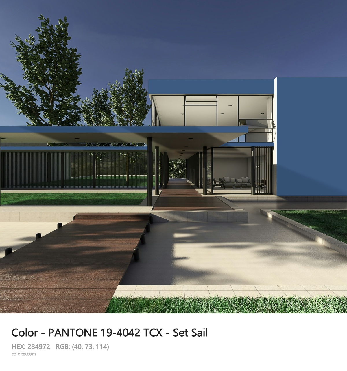 PANTONE 19-4042 TCX - Set Sail CMS exterior design modern house with walkway