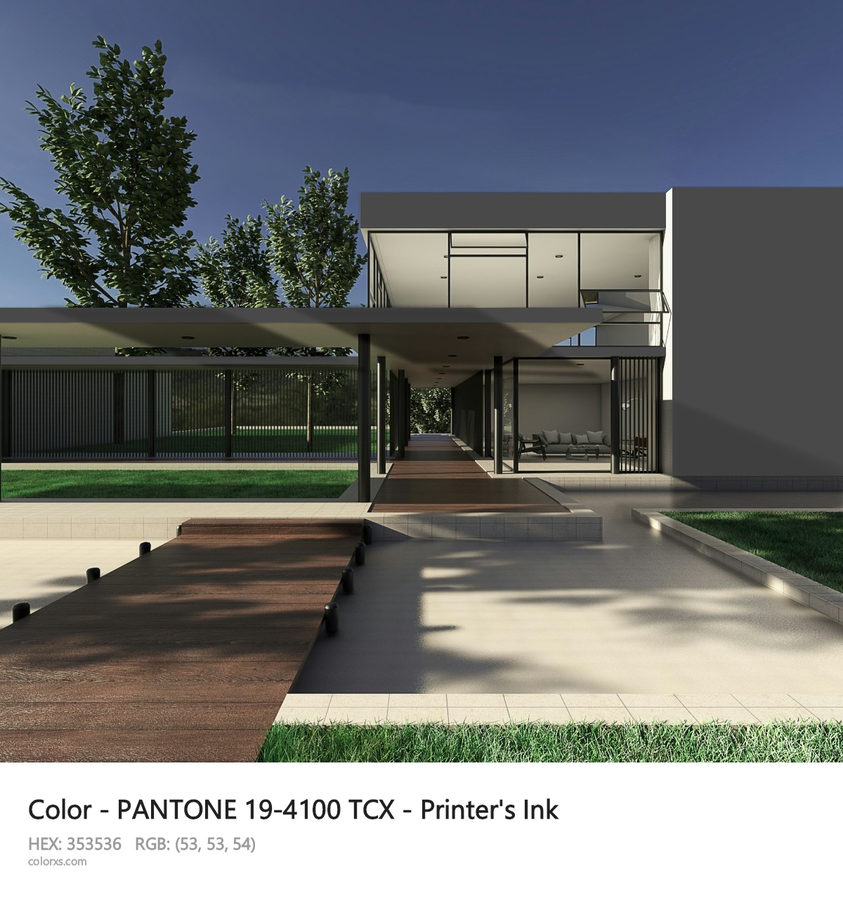 PANTONE 19-4100 TCX - Printer's Ink CMS exterior design modern house with walkway