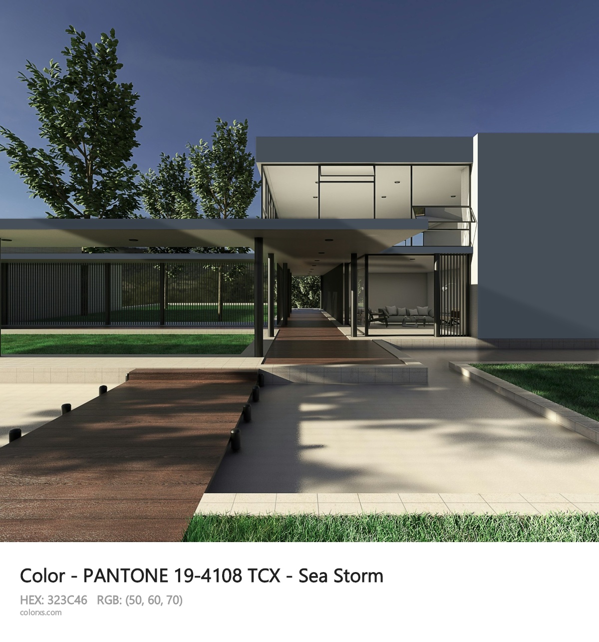 PANTONE 19-4108 TCX - Sea Storm CMS exterior design modern house with walkway
