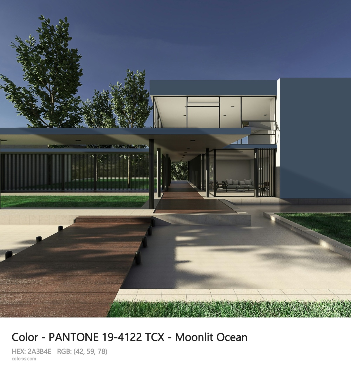 PANTONE 19-4122 TCX - Moonlit Ocean CMS exterior design modern house with walkway