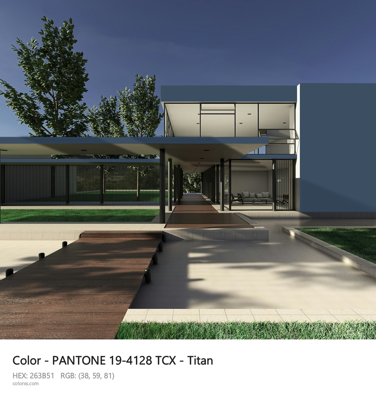 PANTONE 19-4128 TCX - Titan CMS exterior design modern house with walkway