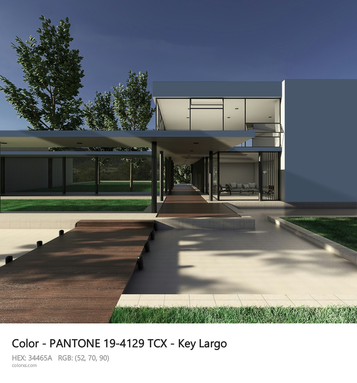 PANTONE 19-4129 TCX - Key Largo CMS exterior design modern house with walkway