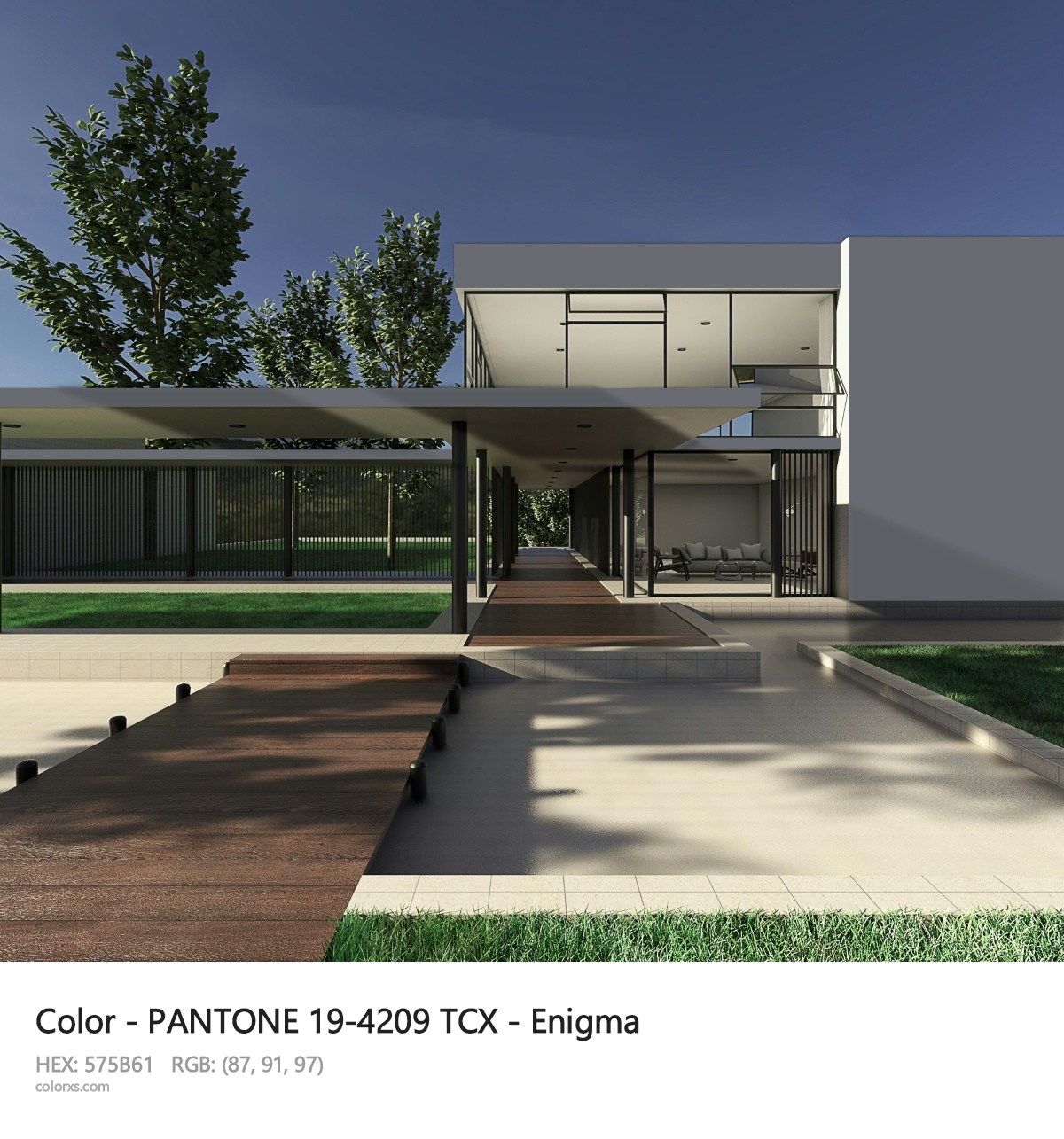 PANTONE 19-4209 TCX - Enigma CMS exterior design modern house with walkway