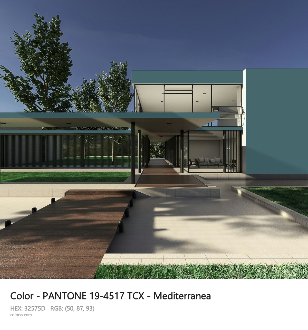 PANTONE 19-4517 TCX - Mediterranea CMS exterior design modern house with walkway