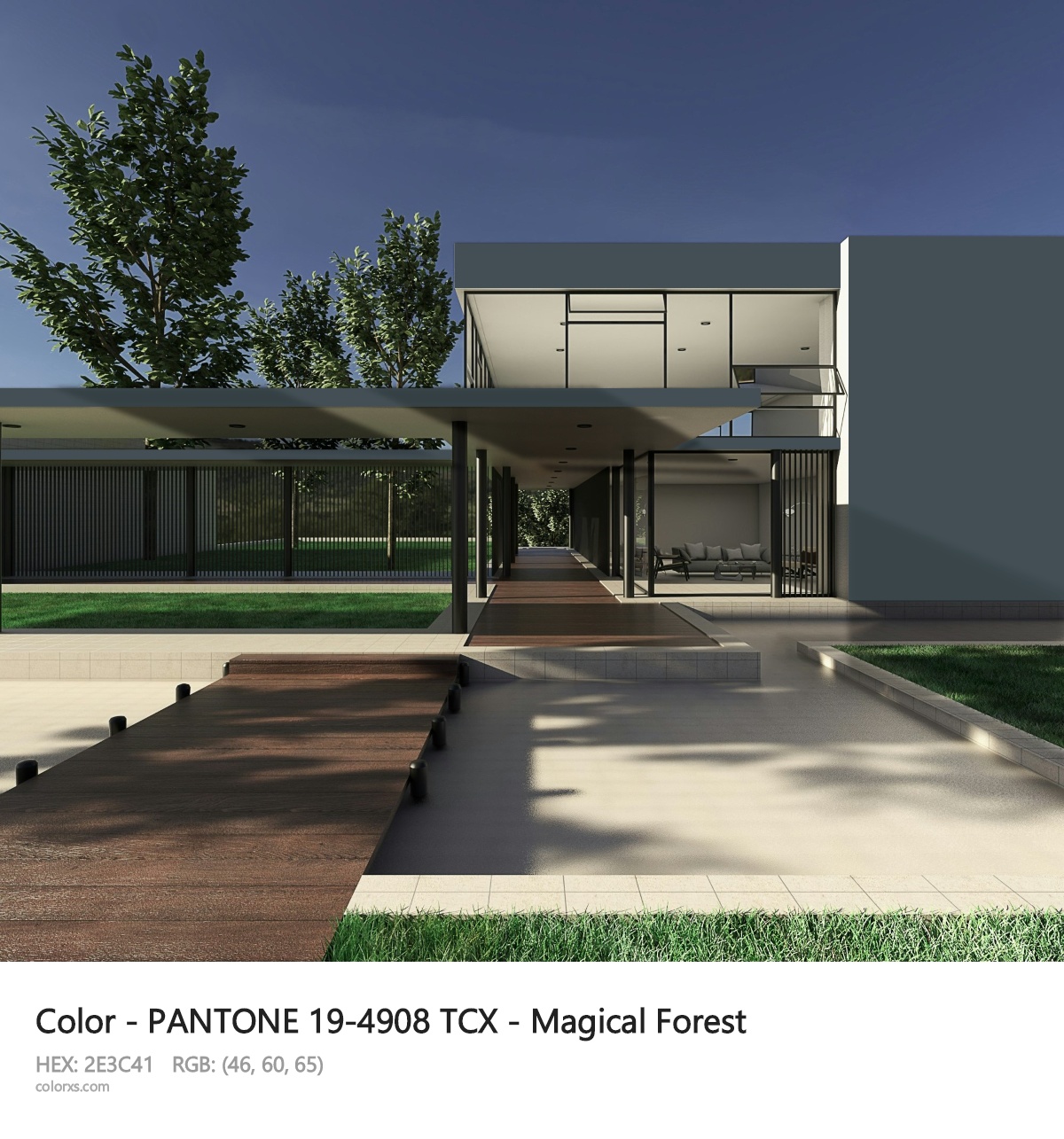 PANTONE 19-4908 TCX - Magical Forest CMS exterior design modern house with walkway