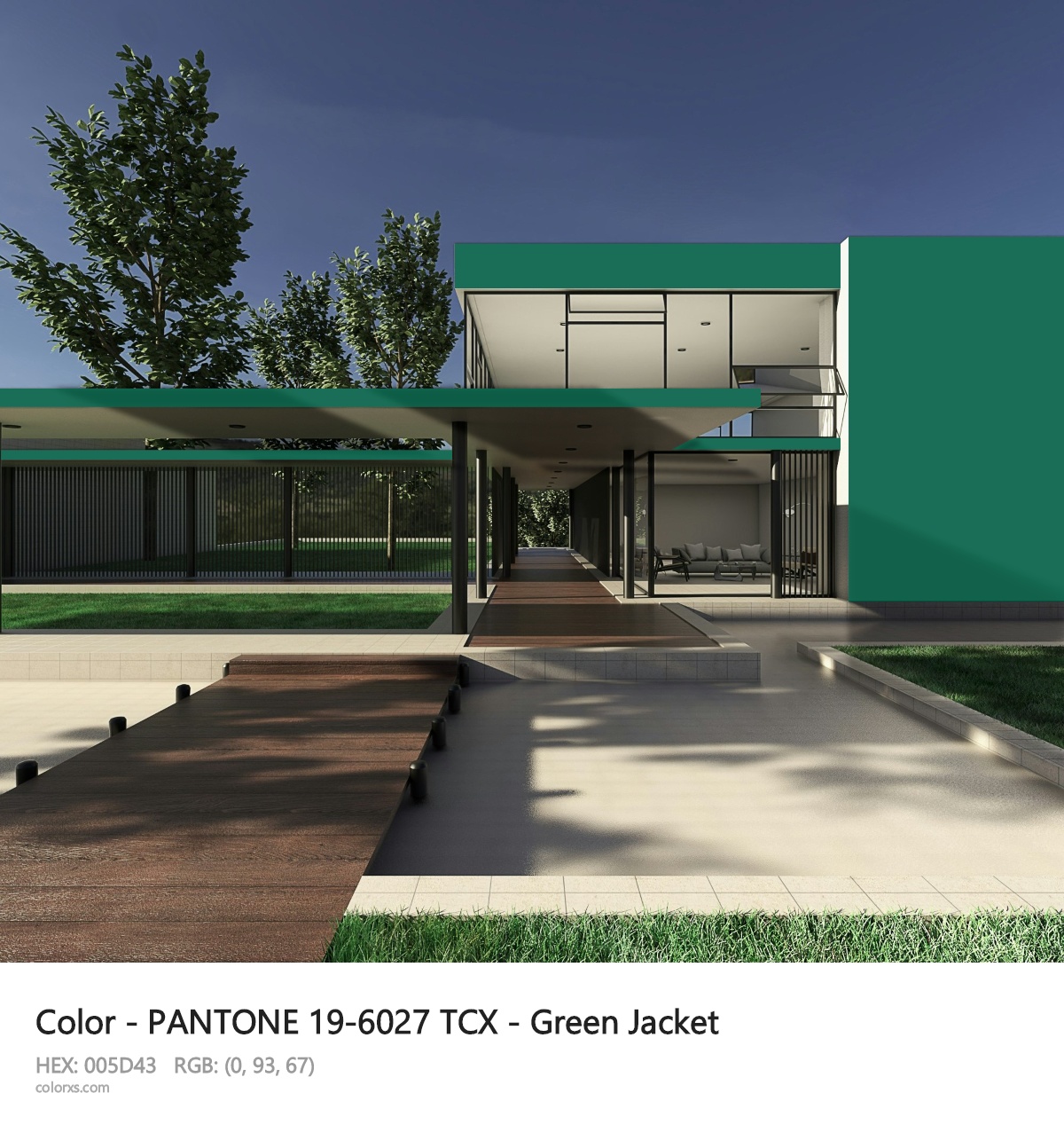 PANTONE 19-6027 TCX - Green Jacket CMS exterior design modern house with walkway