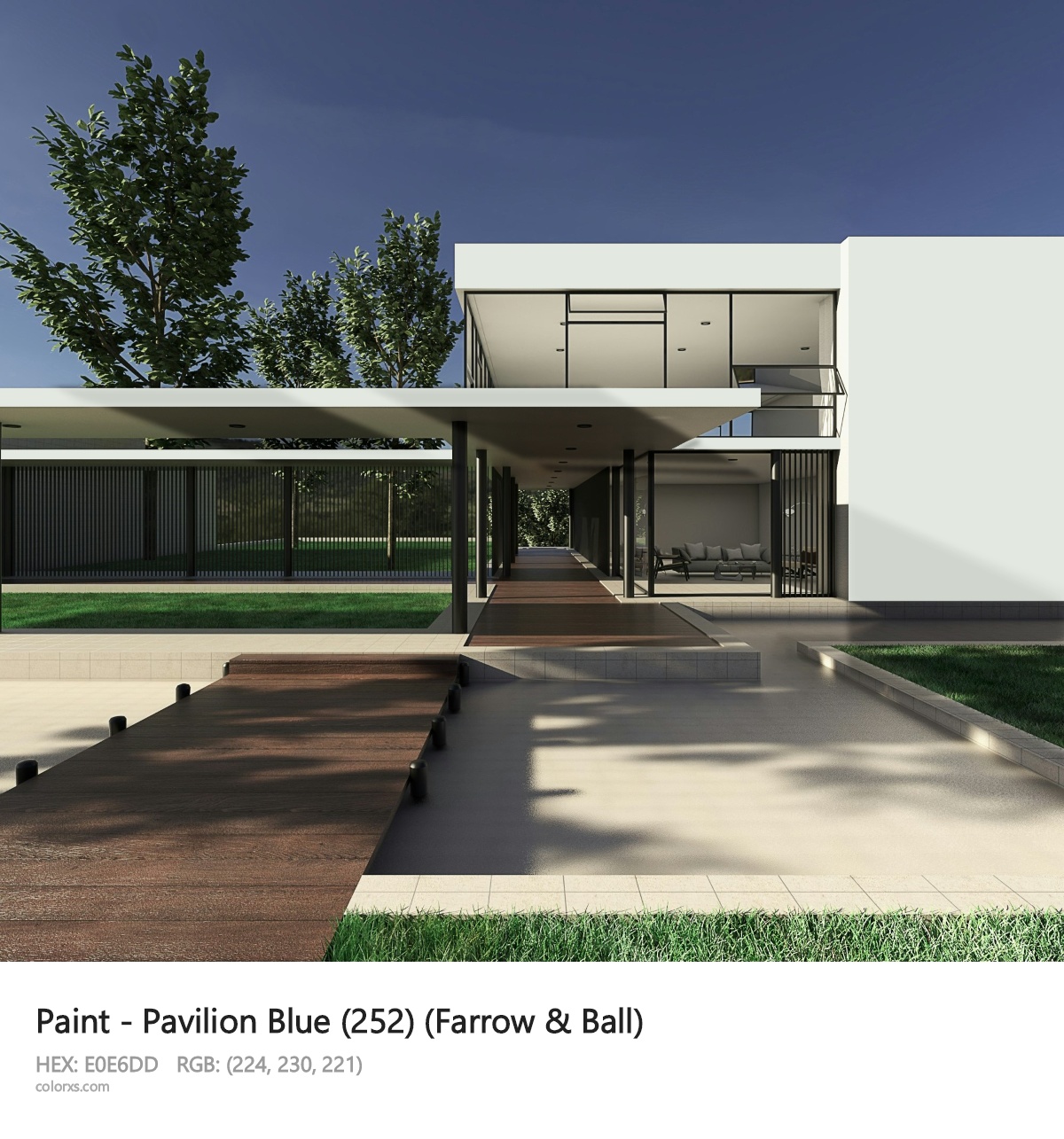 Farrow & Ball Pavilion Blue (252) Paint exterior design modern house with walkway