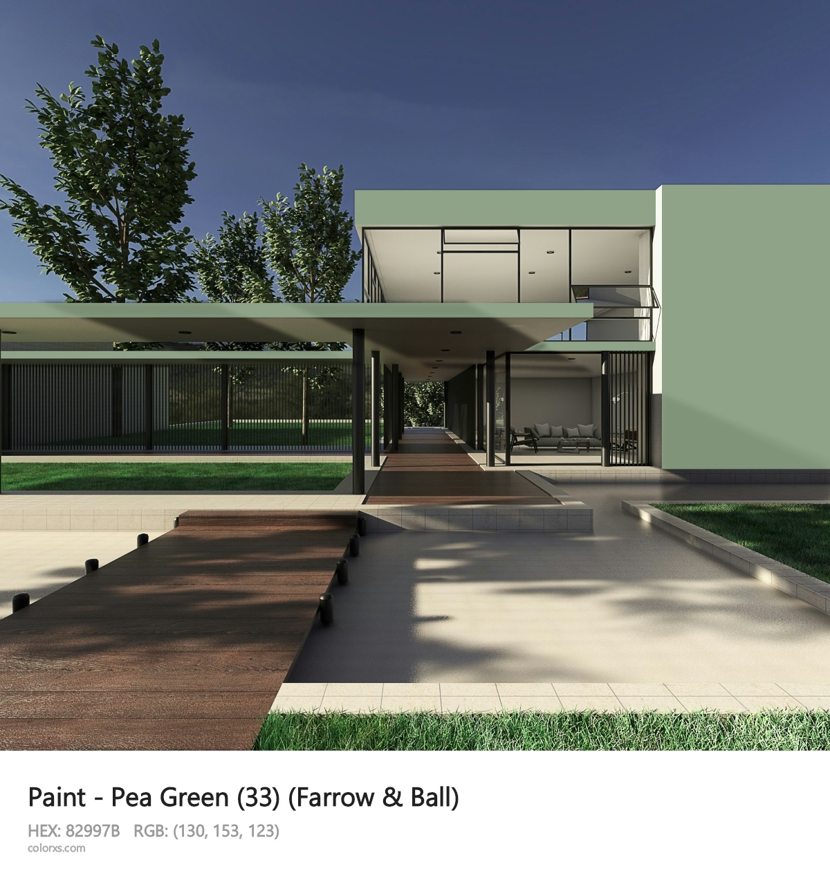 Farrow & Ball Pea Green (33) Paint exterior design modern house with walkway