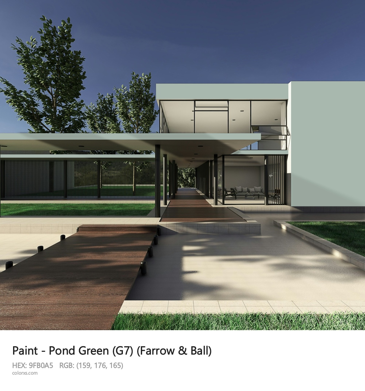 Farrow & Ball Pond Green (G7) Paint exterior design modern house with walkway