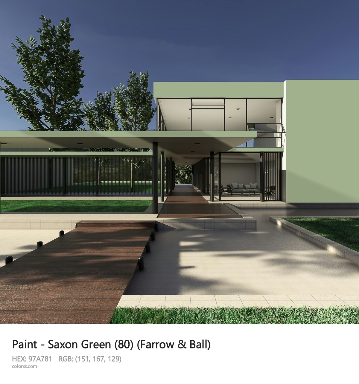 Farrow & Ball Saxon Green (80) Paint exterior design modern house with walkway