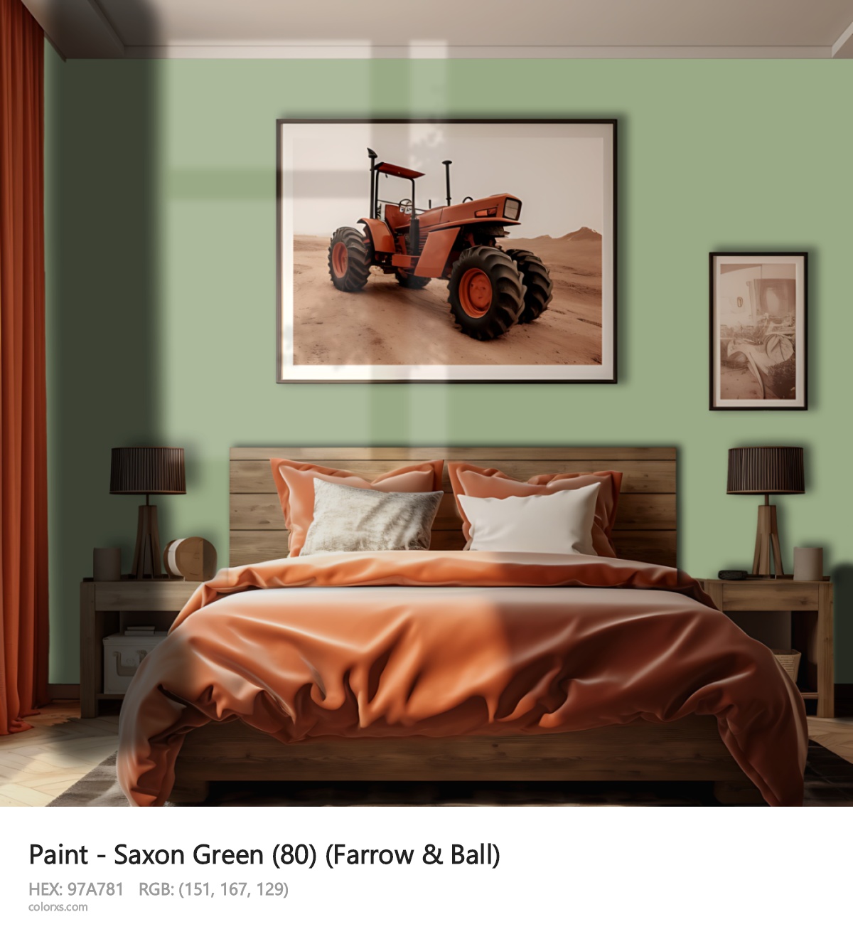Farrow & Ball Saxon Green (80) Paint vintage style bedroom interior