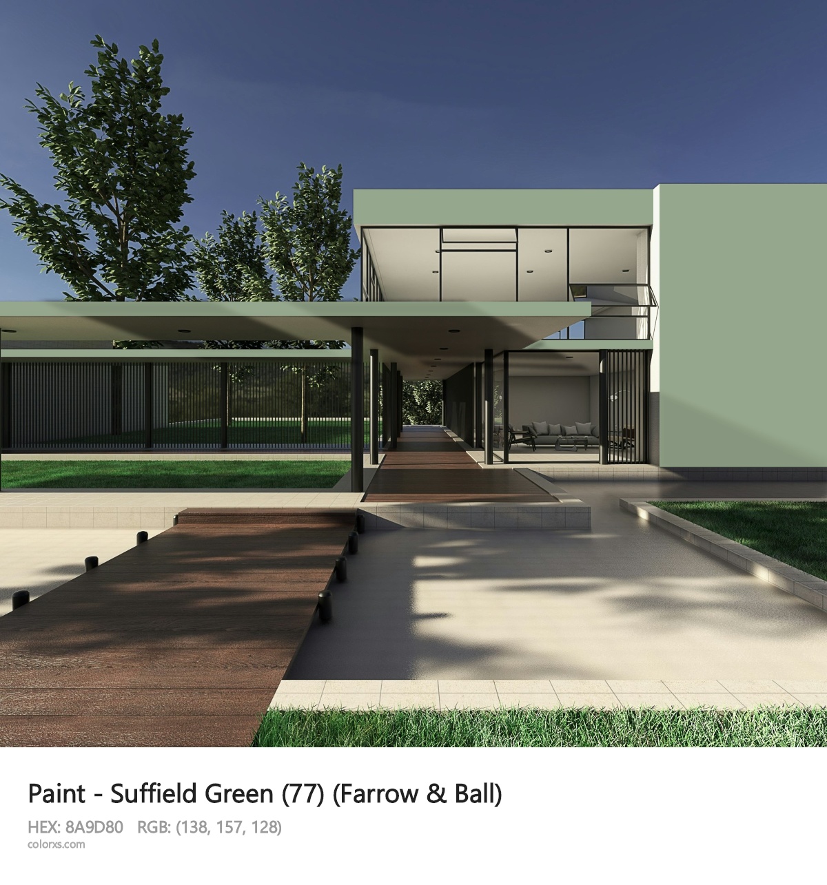 Farrow & Ball Suffield Green (77) Paint exterior design modern house with walkway