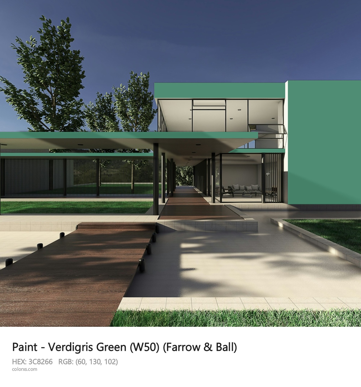 Farrow & Ball Verdigris Green (W50) Paint exterior design modern house with walkway